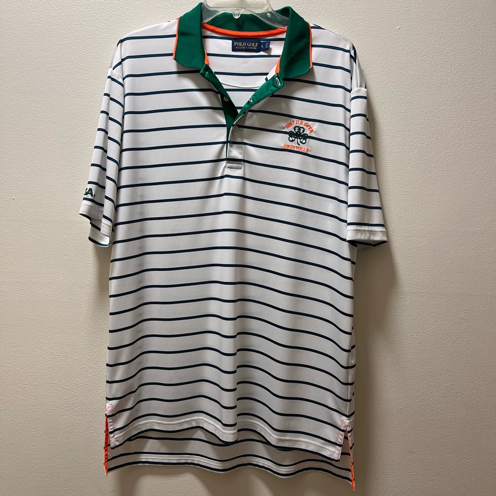 Ralph Lauren Classic Polo Golf Shirt, Men's Sz L, Green Stripes on White